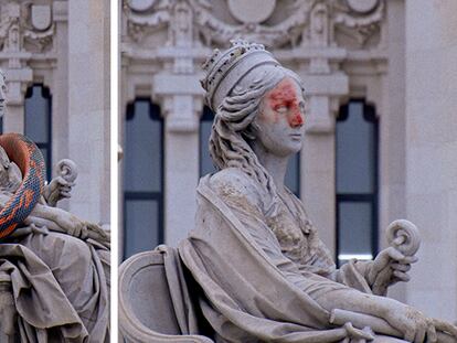 Primer plano de la simulación creada por GSK en el vídeo sobre el efecto de la picadura de la serpiente que simboliza al virus en la fuente de La Cibeles (Madrid). Contrasta su nombre a pie de calle, la 'culebrilla', con la severidad que puede tener esta enfermedad.