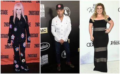 De izquierda a derecha, Cindy Lauper, Tom Morello y Kelly Clarkson, algunos de los artistas que acudirán con la rosa blanca a los Grammy.