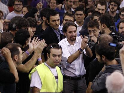 Pablo Iglesias a su llegada a la asamblea de Podemos, en Vistalegre (Madrid) en 2014.