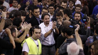 Pablo Iglesias a su llegada a la asamblea de Podemos, en Vistalegre (Madrid) en 2014.