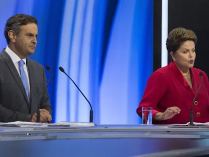 A&eacute;cio e Dilma no debate de domingo.