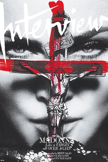 Portada del número de la revista<i>Interview,</i> donde Madonna se reencuentra con los crucifijos