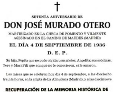 Esquelas en memoria de fallecidos del bando nacional publicadas en <i>El Mundo</i> (las dos primeras) y <i>Abc </i><b>(a la derecha)</b>.