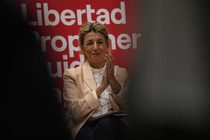 La vicepresidenta Yolanda Díaz, en un encuentro de Sumar sobre derechos LGTBI, el miércoles en Madrid.