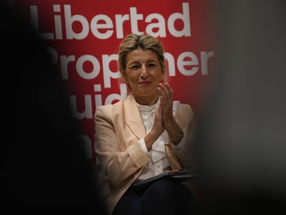 La vicepresidenta Yolanda Díaz, en un encuentro de Sumar sobre derechos LGTBI, el miércoles en Madrid.