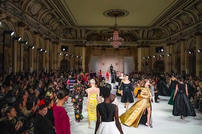 Fashion from Carolina Herrera's latest collection is modeled during Fashion Week, Monday Feb. 13, 2023, in New York.