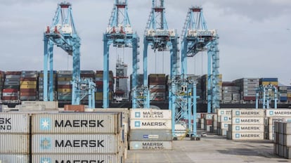 Gruas en las que operan los estibadores del puerto Bahía de Algeciras.