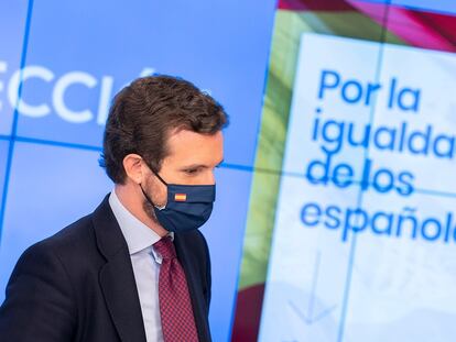 MADRID, 31/05/2021.- El presidente del PP, Pablo Casado, este lunes durante la reunión del Comité de Dirección de su partido en su sede de la madrileña calle de Génova. EFE/ David Mudarra / PP SÓLO USO EDITORIAL / SÓLO DISPONIBLE PARA ILUSTRAR LA NOTICIA QUE ACOMPAÑA (CRÉDITO OBLIGATORIO)