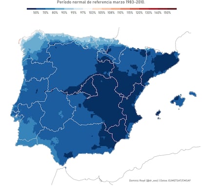 Mapa de la anomalía de horas de sol durante el pasado mes de marzo en la península Ibérica.