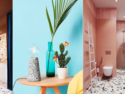 A la izquierda, el coworking Nueva Carolina de Madrid; en el centro, lámpara de terrazo de Made; a la derecha, baño decorado con terrazo.