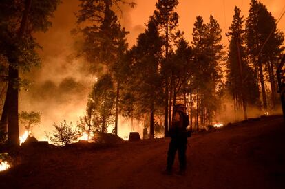 Un bombero camina en medio del fuego de Shaver Lake, California.