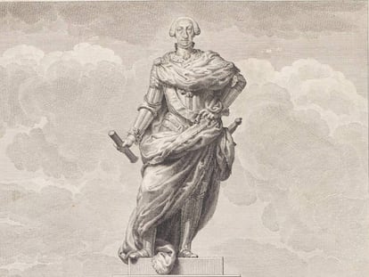 Grabado de una estatua de Carlos III, obra de Manuel Salvador Carmona.