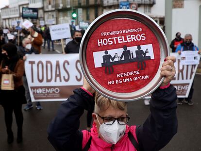 Hospitality and retail workers protesting in Galicia, in northwestern Spain.