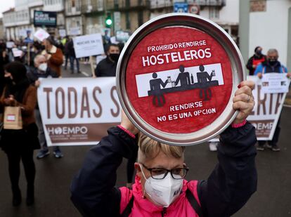 Hospitality and retail workers protesting in Galicia, in northwestern Spain.