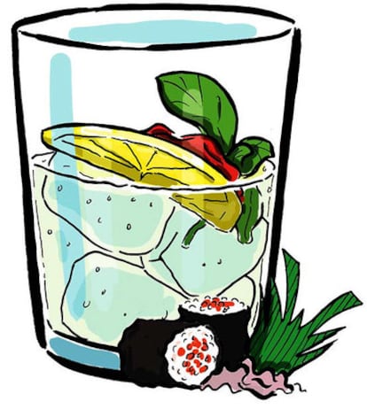 <i>Gin-tonic</i> del japonés Shuzo Mitsubayashi que añade a la ginebra Gin Mare albahaca, tomate seco y cáscara de limón. Para acompañar, sirve un aperitivo de <i>maki sushi</i>.