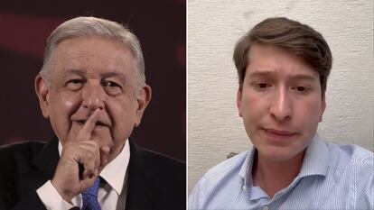 Andrés Manuel López Obrador y Juan Pablo Sánchez Galvéz, hijo de la candidata Xóchitl Galvéz, en una composición fotográfica.