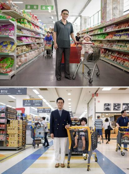Arriba, Han Gwang Rim posa junto a su hija Su Ryon en un supermercado de Pyongyang, el 4 de junio de 2017. Abajo, Hong Sung-cho y su hijo Hong Jinu, en un establecimiento de Bundang cerca de Seúl, el 1 de septiembre de 2018.