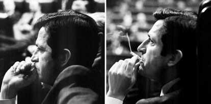 Adolfo Suárez, en varias imágenes de perfil tomadas cuando estaba sentado en su escaño de Presidente en el Congreso de los Diputados.