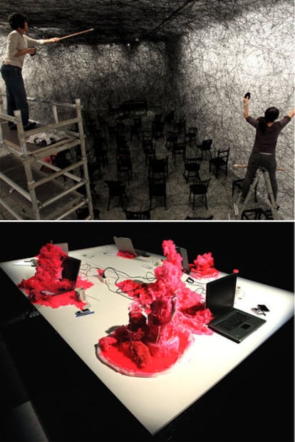 Obras de Chiharu Shiota (arriba) y Steiner y Lenzlinger.