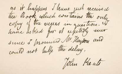 Nota escrita a mano por el poeta inglés John Keats. 