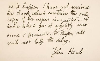Nota escrita a mano por el poeta inglés John Keats.