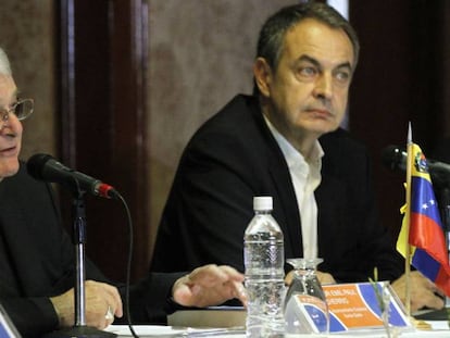 Former Spanish PM José Luis Rodríguez Zapatero and Monsignor Emil Paul Tscherrig on Monday.