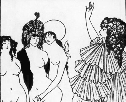 Lisístrata convence a las mujeres de Atenas de que no tengan sexo con los hombres hasta que no paren la guerra, en una ilustración de Aubrey Beardsley (1896).