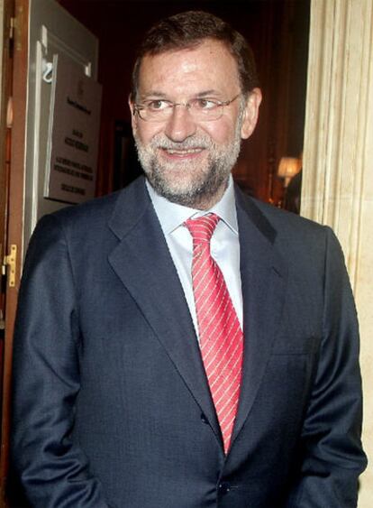 Mariano Rajoy, esta mañana antes de un desayuno informativo