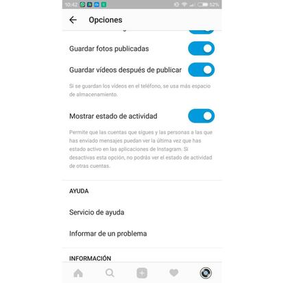 En esta zona de los ajustes podemos desactivar mostrar el estado de actividad en Instagram