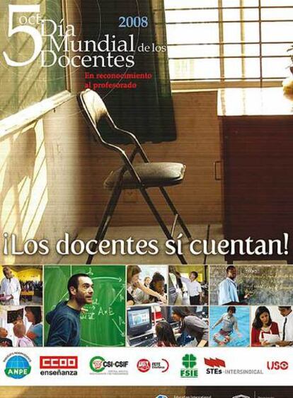 Cartel de la Internacional de la Educación, que pide apoyo para los docentes.