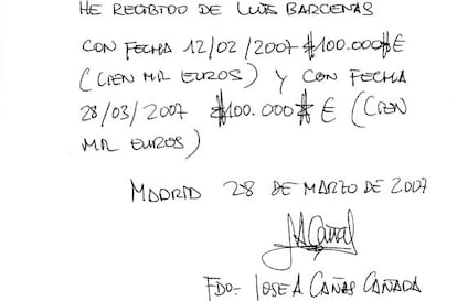 El recib&iacute; de B&aacute;rcenas firmado por Ca&ntilde;as.