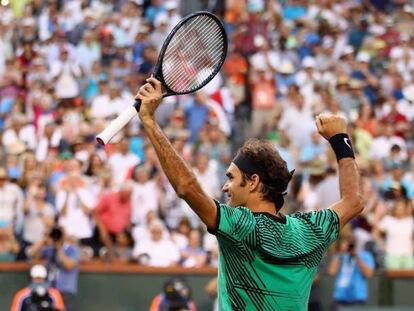 Federer celebra su triunfo contra Nadal.