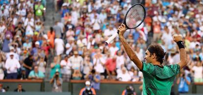 Federer celebra su triunfo contra Nadal.