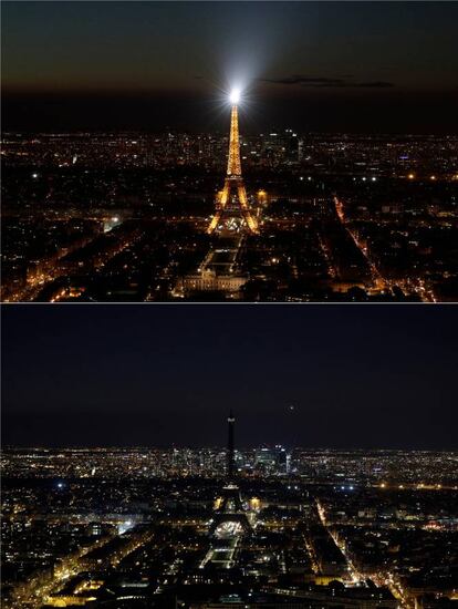 Dos imágenes muestran la Torre Eiffel, en París, durante la Hora de la Tierra.