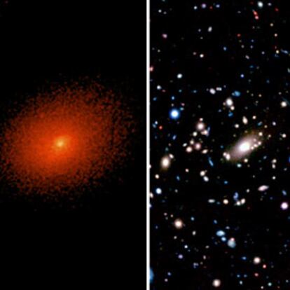 Imagen del cúmulo galáctico Abell 2029 tomada en rayos X con el <i>Chandra</i> (izquierda) y fotografía del cúmulo MACSJ1423.8+2404 hecha con el telescopio japonés <i>Subaru.</i>