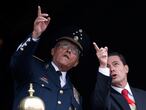 Mexico's President Enrique Pena Nieto and Defense Minister General Salvador Cienfuegos gesture during a military parade to celebrate Independence Day at Zocalo Square in Mexico City, Mexico September 16, 2018. REUTERS/Gustavo Graf