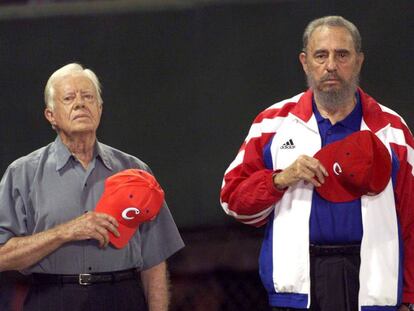 O presidente norte-americano Jimmy Carter (esquerda) e Fidel Castro.