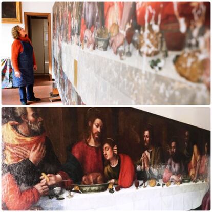 Acima, Rosella Lari nos primeiros instantes da restauração da 'Última Ceia' de Plautilla Nelli. Abaixo, a obra quase pronta para ser exposta.