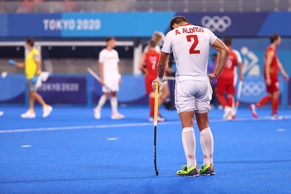 Alejandro Alonso se lamenta tras acabar el partido de cuartos en Tokio.
