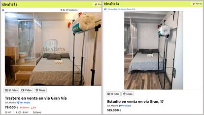 Los dos anuncios que aparecían esta semana en Idealista para la venta del trastero. En el de la izquierda, el que aparece como estudio ilegal.