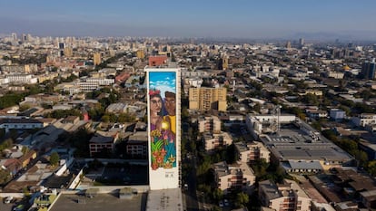 Vista aérea de un mural de 60 metros de altura de la artista chilena STFI Leigthon en un edificio del barrio Yungay en Santiago.