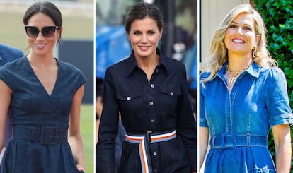 Meghan Markle, la reina Letizia y la reina Máxima de Holanda, con sendos vestidos vaqueros.