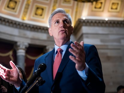 Republican Speaker of the House Kevin McCarthy speaks to reporters about negotiations with the White House over the debt limit in the US Capitol in Washington, DC, USA, 24 May 2023.