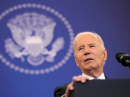 El presidente de Estados Unidos, Joe Biden, durante su discurso en el Departamento de Estado.