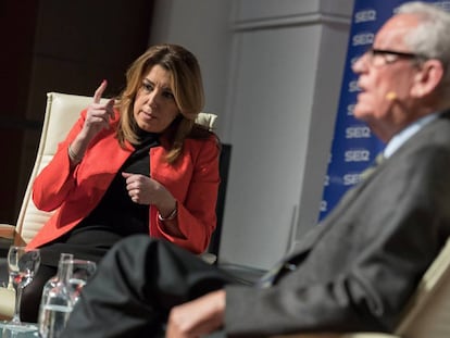 La presidenta andaluza, Susana D&iacute;az, junto al expresidente de la Junta de Andaluc&iacute;a Rafael Escuredo, este lunes en un debate de la SER sobre financiaci&oacute;n auton&oacute;mica y la extensi&oacute;n del Cupo vasco.