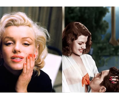 Marilyn Monroe and her pristine red nail polish. On the right, Rita Hayworth in a scene from 'Blood and Sand' (1941).

