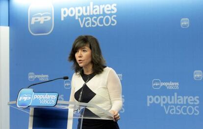 Nerea Llanos, secretaria general del PP vasco, durante la rueda de prensa en Bilbao.