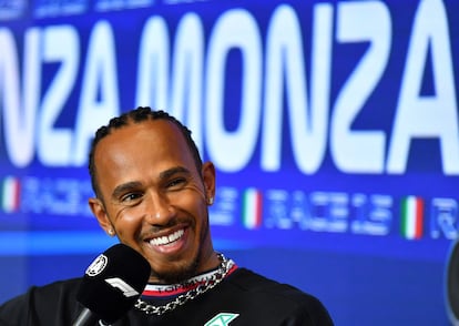 Mercedes' Lewis Hamilton during a press conference on Aug. 31, 2023.