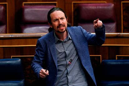 Pablo Iglesias durante la sesión plenaria del Congreso de los Diputados el 20 de mayo.