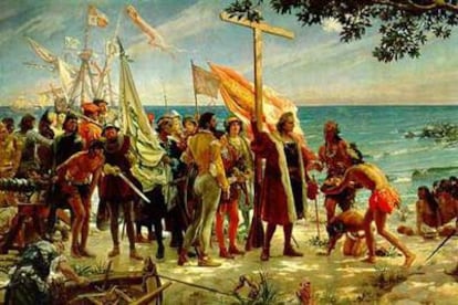 Escena pictórica idealizada del primer desembarco de Cristóbal Colón en lo que habría de ser América.